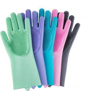 Qozent Magic Silicon Gloves For Cleaning Set- Gloves with Wash Scrubber, Reusable Brush Heat Resistant Gloves Kitchen Tool for Cleaning, Dish Washing, Washing The Car, Pet Hair Care (Multicolour, 1 Pair, free size) Wet and Dry Glove