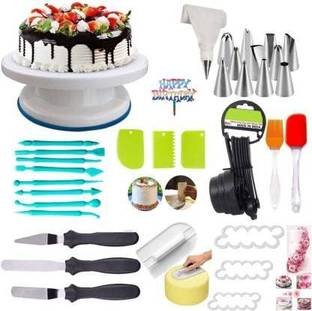 Gabani fashion cake baking and making tools combo for cake decoration at home, kitchen and bakery. Turning cake table, 12 piece different shapes nozzles, 3 piece different shape scrappers, 3 different spatulas, set of spatula brush, 8 piece fondant, 3 piece rose fondant, 8 pcs measuring spoon, smoother (Happily decorate your cake) ) Kitchen Tool Set