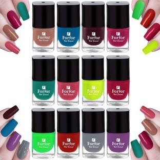FORFOR Long Stay Trendy Glossy Finish Nail Polish |Safe & Fast Dry |Nail Art Combo of12 Nude ,Blue ,Maroon ,Pink,Green ,Pink ,Neon ,Red ,Green ,Red ,Grey ,Purple