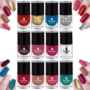 FORFOR Long Stay Trendy Glossy Finish Nail Polish |Safe & Fast Dry |Nail Art Combo of12 Red ,Golden ,Blue ,Silver ,Maroon ,Pink ,Transparent ,Pink ,Red ,Nude,Pink,Green