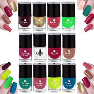 FORFOR Long Stay Trendy Glossy Finish Nail Polish |Safe & Fast Dry |Nail Art Combo of12 Maroon ,Golden,Pink ,Green ,Pink ,Transparent ,Pink ,Nude ,Green,Pink, Nude,Blue
