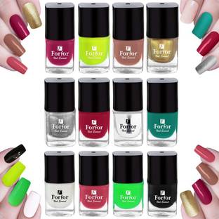 FORFOR Long Stay Trendy Glossy Finish Nail Polish |Safe & Fast Dry |Nail Art Combo of12 Pink ,Nude ,Red ,Pink ,Golden, Silver, Green ,Transparent,White,Neon,Green,Black