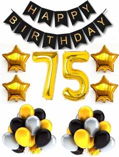 R G ACCESSORIES 75th Birthday Party Decorations For Kids - 37 Pcs Combo – Bunting/star foil balloon/number 75 foil balloon/black silver golden metallic Balloons – 75th Birthday/Black birthday
