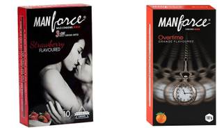 MANFORCE 3 in 1 Wild Ribbed Contour Dotted Strawberry Flavor Condoms - 10 Pieces & 3 in 1 Condoms (Ribbed, Contour, Dotted), Overtime Orange Flavoured- 10 Pieces Condom