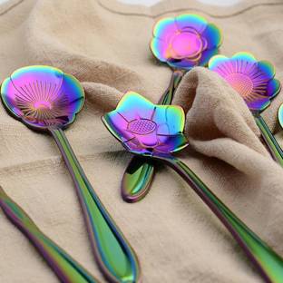 Litvibes stainless steel creative tableware Flower Dessert spoon,Coffee spoon,Sugar spoon,Mixing spoon,Tea spoon,Stirring spoon,Cake and Ice cream spoon,Stir bar Rainbow spoons -Set of 4 Stainless Steel Dessert Spoon Set