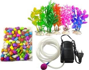 Sky Aquarium Decoration combo kit for Fish Tank Bowl Decor Multi Pack Air Pump,air tubing, Air Stone,Plant 5 nos (Multi Color Stones 1 kg) Air Bubble Arrangement In aquarium River Rock Planted Substrate