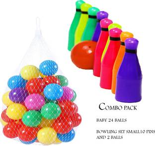 MINIKIDZ baby 24 BALLS and SMALL BOWLING SET 10 pins and 2 balls Premium Multicolour Balls for Kids Pool Pit/Ocean Ball Without Sharp Edges Soft Balls for Toddler Play Tents & Tunnels Indoor & Outdoor Bath Toy (Multicolor) Bath Toy