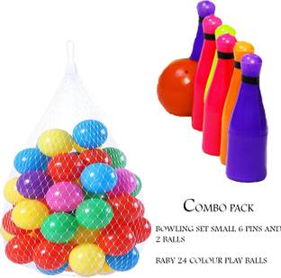MINIKIDZ baby 24 BALLS and SMALL BOWLING SET 6 pins and 2 balls Premium Multicolour Balls for Kids Pool Pit/Ocean Ball Without Sharp Edges Soft Balls for Toddler Play Tents & Tunnels Indoor & Outdoor Bath Toy (Multicolor) Bath Toy
