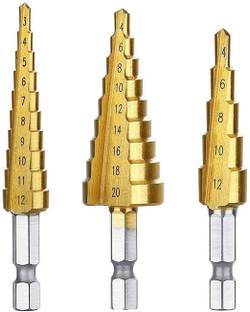 Pइंडिया 3Pcs 12/4-12/4-20 mm HSS Titanium Coated Step Drill Bit Set, 1/4" Hex Shank Drive Quick Change High Speed Steel Cone Drill Bit for Wood, Sheet, Metal Hole Drilling Drill Bit Set