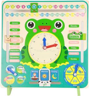 Trinkets & More - Calendar Clock Toy for Kids Learning with Slider and Stand (Frog Calendar)