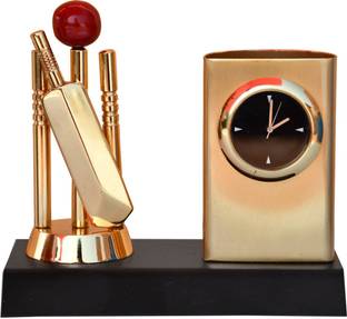 Saugat Traders Metal Table Pen Stand With Analog Watch of Cricket Theme Unique Gift Decorative Showpiece  -  11 cm
