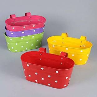 EzzuCrafts 12.5 Inch Metal Railing Planter, Polka Dots, Basket, Balcony Planter, Pots Stand, Flower Pot, Plant Stand, Wall Planter Set of 5 Plant Container Set