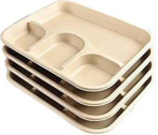 KRISHNA 4 Compartment Sugarcane Bagasse Disposable Plates (Pack of 25), 12 x 10 Inches Dinner Plate