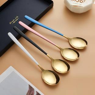Dhruv Mart Gold Dinner Spoon of 4, Stainless Steel Tablespoons, Korea Soup Spoons, for Rice, Cereal, With Titanium Plating Frosted long Handle Spoon Set 8.11Inch, Premium Food Grade Golden Silverware Random Color Stainless Steel Table Spoon Set
