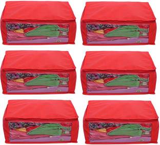 Trendifly Home Storage Non Woven Large Saree Covers with Transparent Top 80 GSM Fabric Red Set Of 6 Red-Large-Saree-Cover-6 Large-Garment-Cover-Set-Of-6-Red