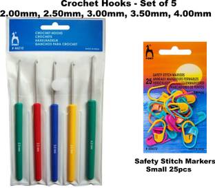 Pony Knitting Crochet Hooks Needle Set of 5, Ergonomic Knitting Needle Set with Crochet Locking Stitch Markers(25 Pcs), Soft Grip Handles Hooks 2.0mm-4.0mm Length 14cm Knitting Pin