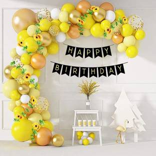 R G ACCESSORIES Happy Birthday Party Decoration Combo Kit – 92 Pcs Set – Birthday Banner Golden Chrome Balloon Pastel White Balloon white Balloon Yellow Balloon Arch Tape – Birthday Party Decoration