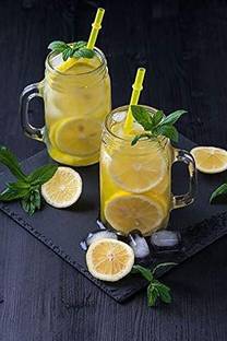 SAVORADE MAS_03 Mason glass Jar fill with your favorite drinks, cocktails, juices, shakes, smoothies etc.(comes with colourful striped lid and Straw (pack of 2,400ml)) Glass Mason Jar