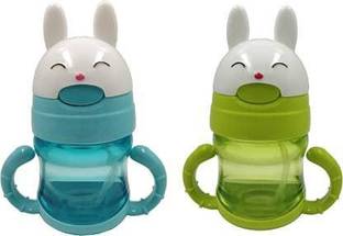 Xyno Kid's Plastic Water Bottle I Sipper Combo with BPA free Straw & Rabbit Design (300 ML, Blue & Green)