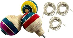 Sky Traditional Wooden Spinning Top Lattoo with Thread Pambaram,Bambaram,Buguri,Bongaram Crown Game (Multicolour) Pack of 3