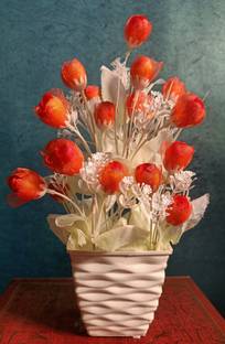 BK Mart Orange, White Rose Artificial Flower  with Pot