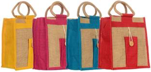 Sainik's Button Jute Bags Eco Friendly Code FK-01 Pack of 4 Units Pack of 4 Grocery Bags
