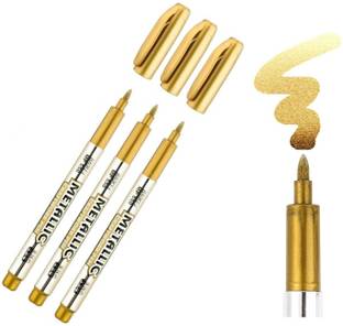 Definite Baoke 3 Pcs Golden Metallic Craftwork Pen 1.5mm Nib for application on Paper, Cloth, Leather, Plastic, Glass, Ceramics, CDs etc. Marker Ink