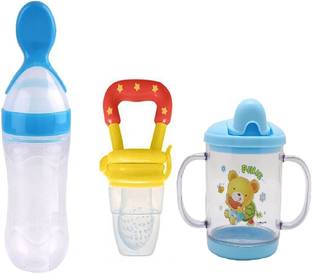 GRAYSEE Combo of 3 Baby Safe Silicone Squeeze Fresh Food Feeder Bottle with Food Dispensing Spoon, Infant Food Nibbler Teething Toy Feeding Pacifier and Plastic Sipper Cup-240ml (Multi 4) - 240 ml