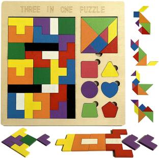 Authfort Montessori Toys 3 In 1 Wooden Tetris Puzzle for Kid Adults - Shape Pattern Block Tangram Brain Teaser Toy Geometry Logic Educational Board Games