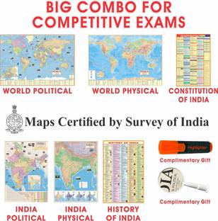 (COMBO OF 6 MAPS/CHARTS WITH COMPLIMENTARY HIGHLIGHTER & MAGNIFYING GLASS) INDIAN Constitution Map & History of India Map With India & World Map (Both Political & Physical), Set Of 6, Map Size (28 * 40 Inch) (23 * 36 Inch), Paper Print, Complimentary Highlighter & Magnifying Glass, Best Useful for UPSC, SSC, IES and other Competitive Exams. (All English Maps) Paper Print. Paper Print