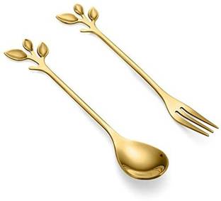 Litvibes Tableware Leaf Dessert Spoon & Fork Gold Set - Set of 1 leaf spoon & 1 leaf fork Stainless Steel Dessert Spoon, Ice-cream Spoon, Table Spoon Set