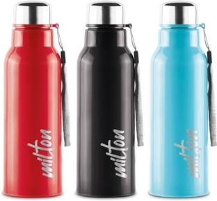 MILTON Steel Fit 600 Insulated Inner SS Water Bottle, Set of 3, Black, Red, Light Blue 520 ml Steel Bottle