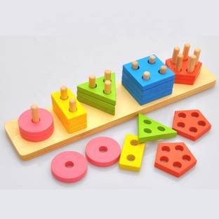 poksi Wooden Geometric Shape Sorter/Matching Puzzle for Kids - 5 Pillar, Rectangular Multi color Non Toxic Toy for Children