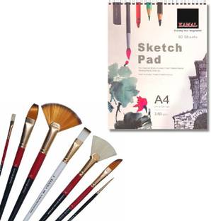 KAMAL Combo Pack of Artist Quality Mix Brush Set for Acrylic Painting and 120LB/140GSM Sketch, Drawings Pad/Book for Artists Alcohol Markers, solvent markers etc.,