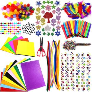 greencom DIY Art Craft Kit for Kids Creative Pompoms Pipe Cleaners Feather Foam Flowers