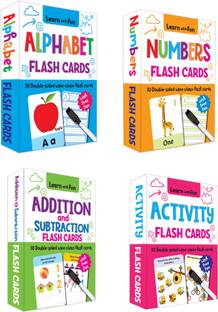 Kiddie Castle Pack of 4 Flash Cards Alphabets, Numbers, Addition and Subtraction, Activity 120 Double Sided Cards With Free Pen