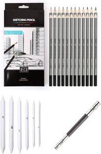 Levin Art Graphite Professional Drawing Sketching Pencil Set- Artist grade degree pencil 9H,8H,7H,6H,5H,4H,3H,2H,H,HB,F,B,2B,3B,4B,5B,6B,7B,8B,9B,10B,11B,12B,14B (Pack of 24), Art Blending Paper Stumps (Pack of 6) and One 13cm Pencil Extender
