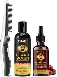 SAAN Life Science 3-in-1 Beard Straightener Kit With Onion Beard Oil, Beard Shampoo & Conditioner