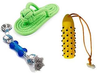 DogTrust Combo Pet Chew Toys for Small Puppies only | Dog Chewing Shoes Cotton Rope Molar Toy for Dog Play Cat for Pet Dog - Pack of 3 (1 Tyre, 1 Slipper, 1 Rope) Chicken Dog Chew