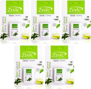 Zevic Natural Stevia Sweetener Tablets | Zero Calorie Stevia Tablet | Healthy Substitute For Sugar | 100 Tablets (Pack of 5) Sweetener