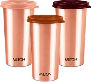 MILTON Copper Drinking Water Tumbler with Lid, Set of 3, Copper (Lid Colour May Vary) 480 ml Bottle