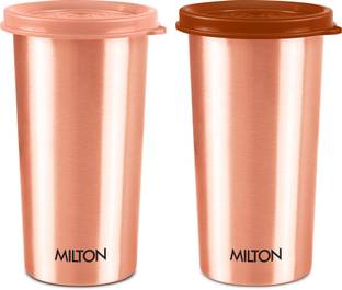 MILTON Copper Drinking Water Tumbler with Lid, Set of 2, Copper (Lid Colour May Vary) 480 ml Bottle