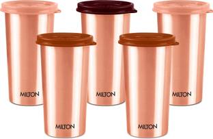 MILTON Copper Drinking Water Tumbler with Lid, Set of 5, Copper (Lid Colour May Vary) 480 ml Bottle
