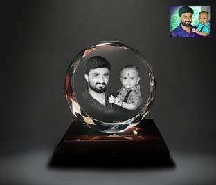 Blue Crystal Personalised 3D Photo Laser Engraved Crystal Faced Round shape crystal (80x80x35 mm) with free multicolor Led Base Decorative Showpiece  -  8 cm