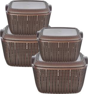 KUBER INDUSTRIES Plastic Multiuses Large & Small M 30-25 Plastic Basket With Lid- Pack of 4 (Brown) Storage Basket