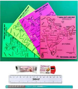 imtion 5 set ( India Stancil 1 Pcs + eraser + Pencil + Sharpner + Scale ) India Map Stencil 19 cm x 15.5 cm Purple/Green/Yellow/Pink (Random color 1 pcs)
