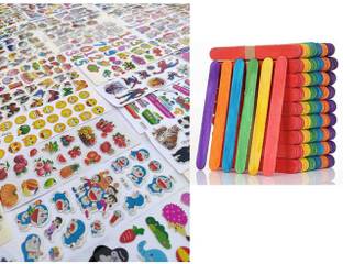 imtion 2 in 1 ( 160 Pcs Colorfull ice cream stick + 10 Sheet Cartoon sticker ) Different Cartoons Design Puffy 3D Cute Stickers Funny for Kids On Gifts ( 10 Sheets) enjoined for kids