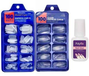 BeautyQua Professional Combo of Artificial Gold Finger Empress Fake Nails ( Transparent nails + Natural Nails) with Glue 200 nails tips White