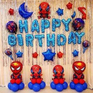 Shmaya spiderman theme birthday combo with star-13 pc happy birthday foil balloon,2 star,2 curtain,2 spiderman foil balloon,32 balloon. pack of 51,