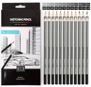 Definite Art Professional Drawing Sketching Pencil Set; Degree Grade Pencils- 14B, 12B, 10B, 9B, 8B, 7B, 6B, 5B, 4B, 3B, 2B, B, HB, F, H - 9H, Graphite Shading Pencils Black for Beginners and Professional Artists (Pack of 24) Hexagonal Shaped Color Pencils